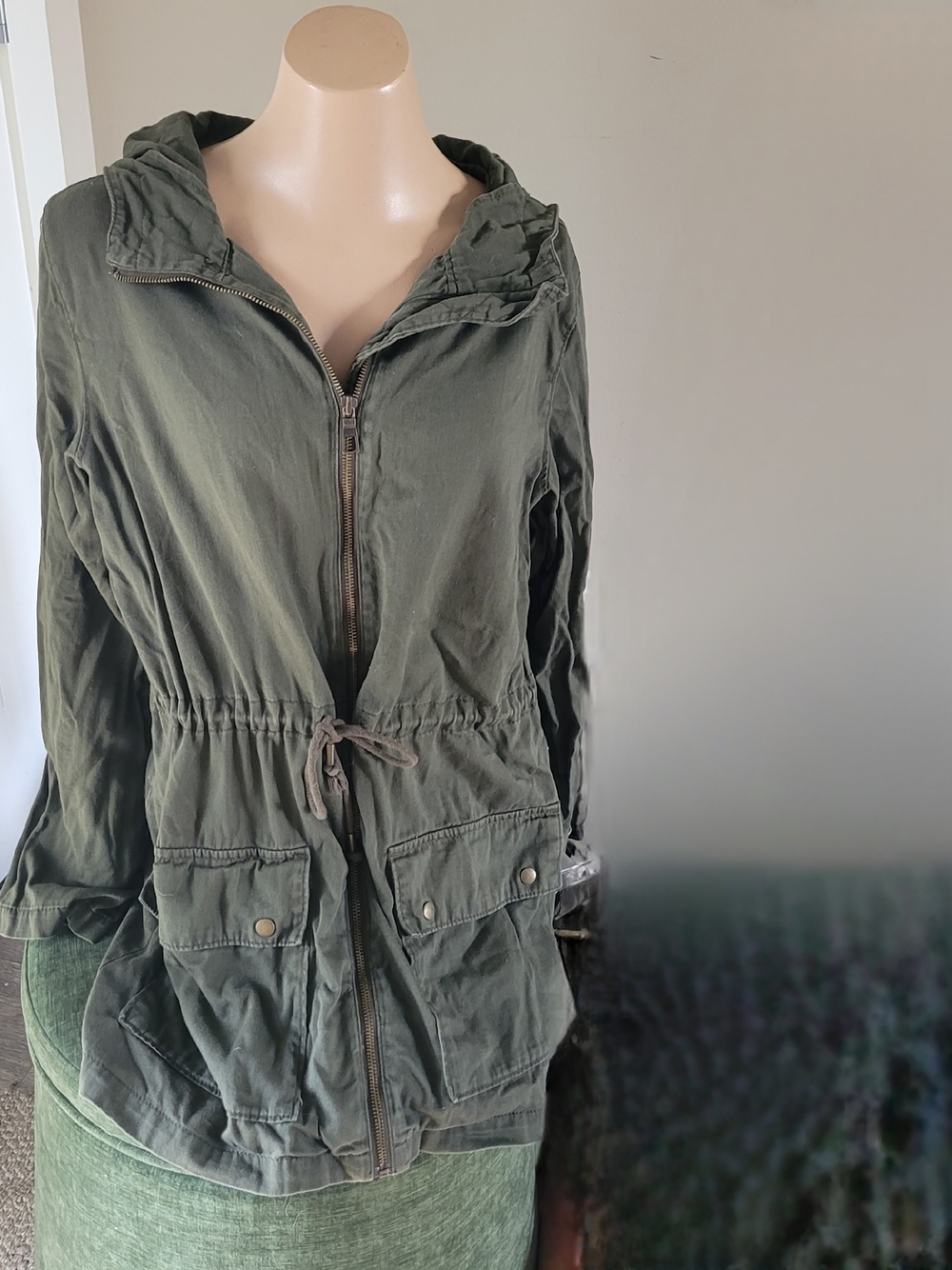 Love Destroyed Olive Green Hooded Utility Jacket - Drawstring Waist